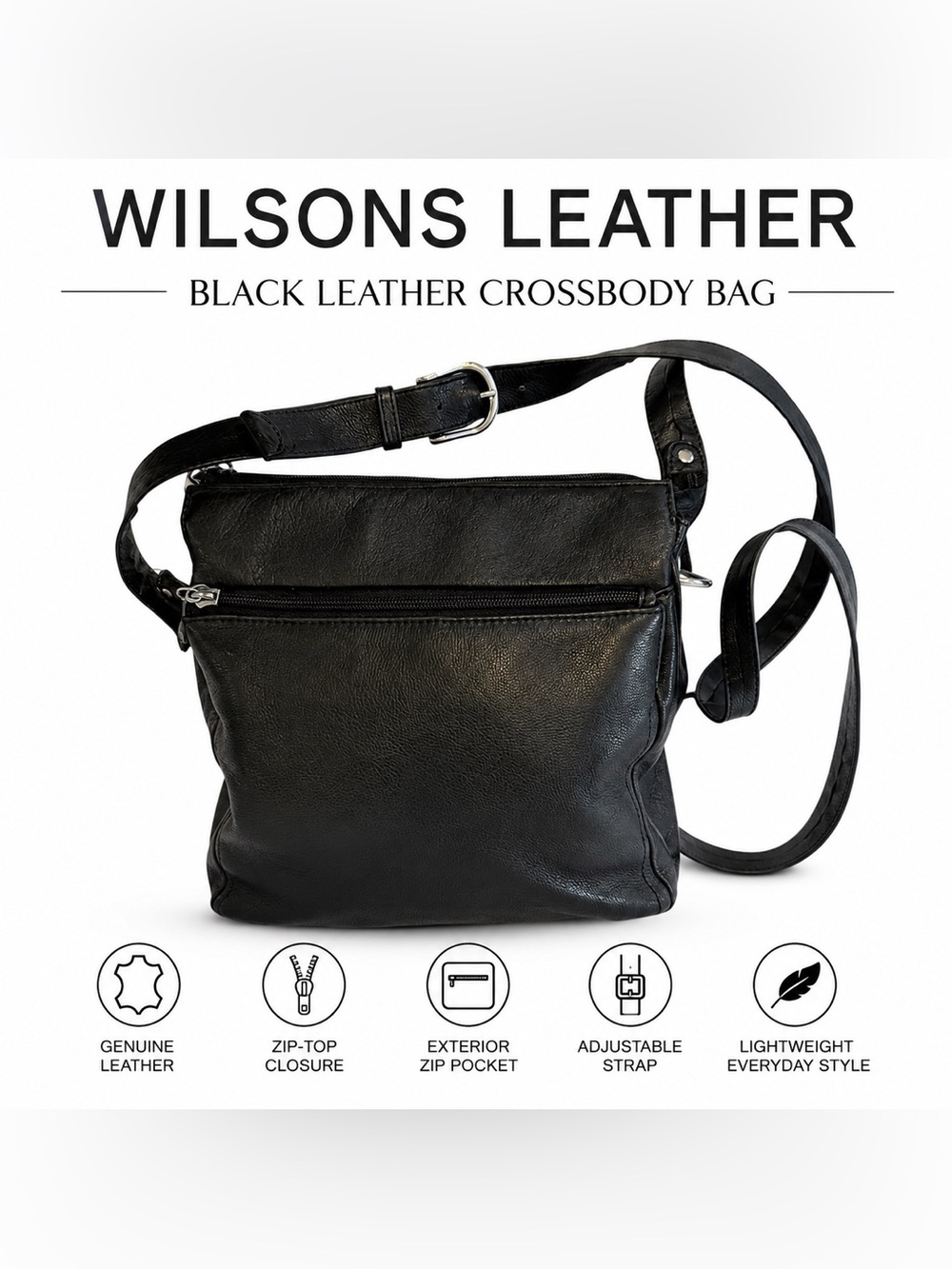 Wilsons Leather Black Leather Crossbody Shoulder Bag Adjustable Strap - Picture 2 of 7